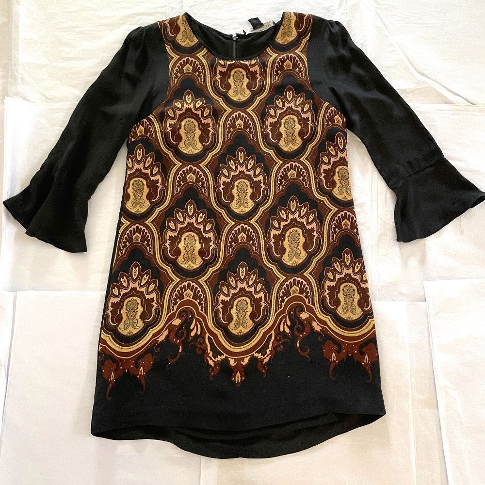 French Connection Black Silk Mini Dress 3/4 Ruffled Sleeves Paisley Print Size 8
